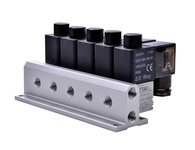 3V2M Solenoid Valves X 2 - Airtac | 3/2 Way | NO | 1/8" Ports | With coil | 24 VDC | Mounted on 2 Station Manifold | Centralized Exhaust