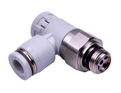 Drosselrückschlagventil Steckverschraubung - Airtac | Winkel | Schlauch - 10mm | 1/4" Gewinde männlich | Kunststoff | Grau | Meter Out  