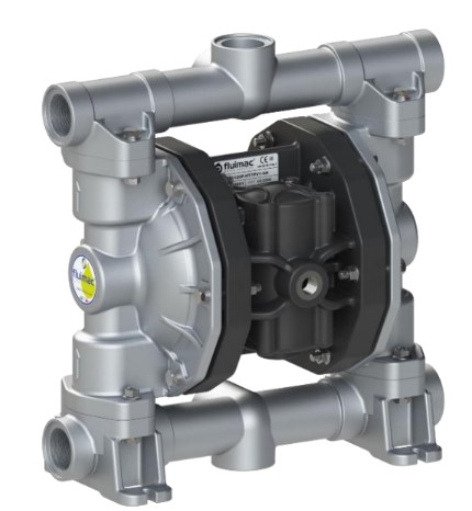 P90 AODD Pump - Fluimac | Alu-Gehäuse | Hytrel+PTFE Membran | PTFE Bälle | SS Kugelsitze | 3/4" BSP | ATEX Zone 1 | Ansaugung: vorne,  Auslass: oben (GS)