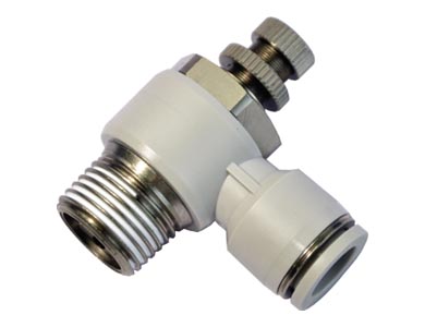 [PSL401A] Drosselrückschlagventil Steckverschraubung - Airtac | Winkel | Schlauch - 4mm | 1/8" Gewinde männlich | Kunststoff | Grau | Meter Out
